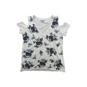 Y2K Lucky Brand 100% Cotton White Blue Embroidered Flower Cold Shoulder Top XS